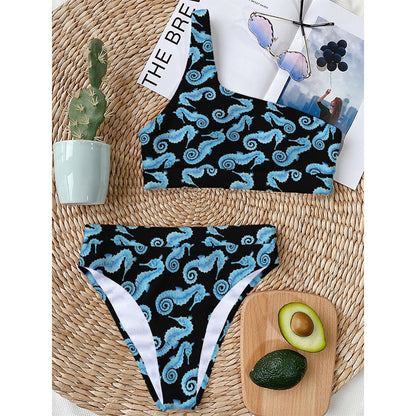 Watercolor Seahorse Pattern Print One Shoulder Bikini Top
