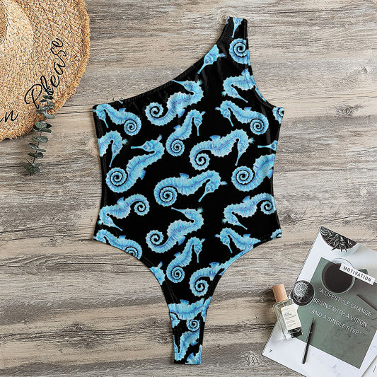 Watercolor Seahorse Pattern Print One Shoulder Bodysuit