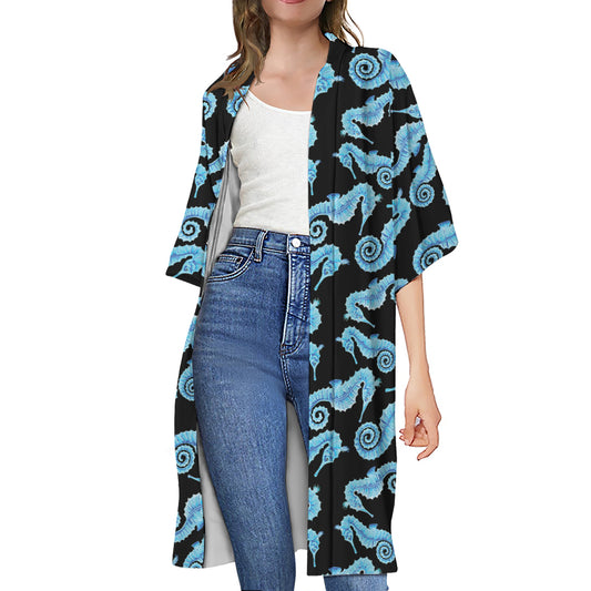 Watercolor Seahorse Pattern Print Open Front Beach Cover Up