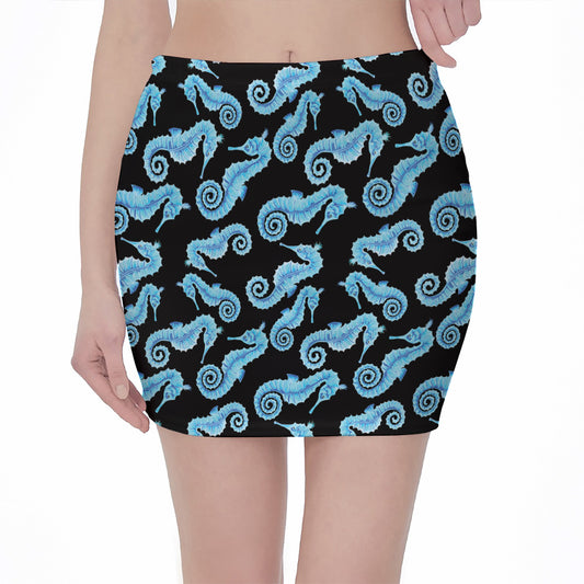 Watercolor Seahorse Pattern Print Pencil Mini Skirt