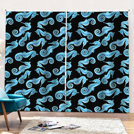 Watercolor Seahorse Pattern Print Pencil Pleat Curtains