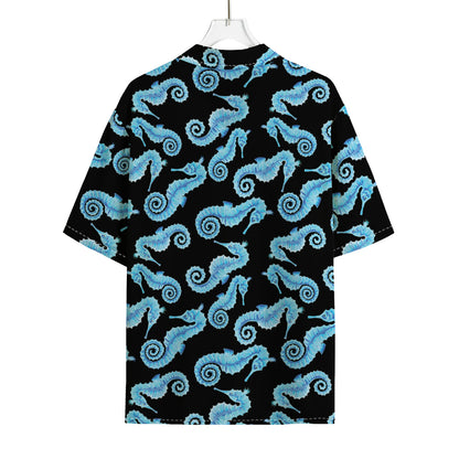 Watercolor Seahorse Pattern Print Rayon Hawaiian Shirt