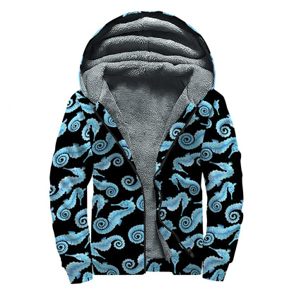 Watercolor Seahorse Pattern Print Sherpa Lined Zip Up Hoodie