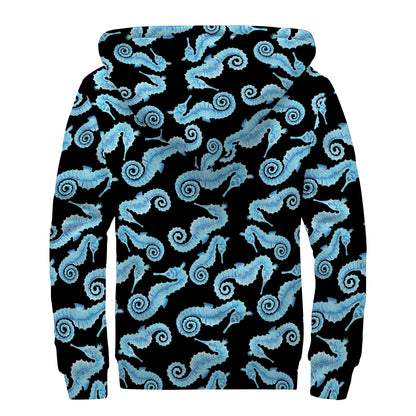 Watercolor Seahorse Pattern Print Sherpa Lined Zip Up Hoodie