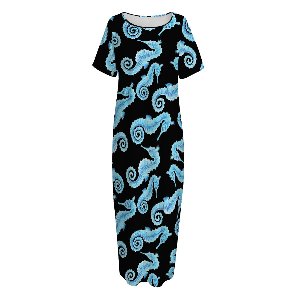 Watercolor Seahorse Pattern Print Short Sleeve Long Nightdress