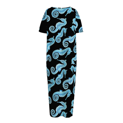 Watercolor Seahorse Pattern Print Short Sleeve Long Nightdress