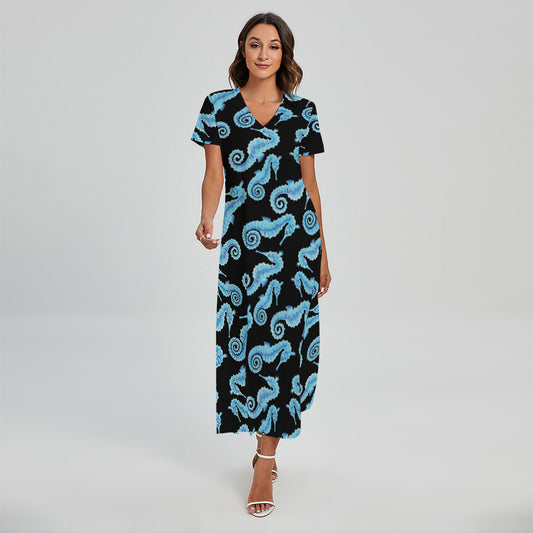 Watercolor Seahorse Pattern Print Short Sleeve Maxi Dress