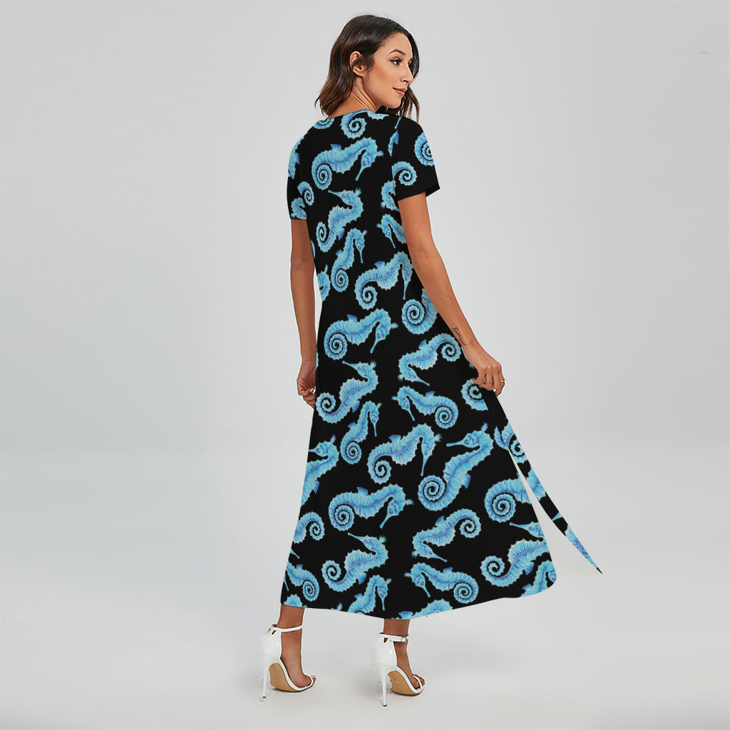 Watercolor Seahorse Pattern Print Short Sleeve Maxi Dress