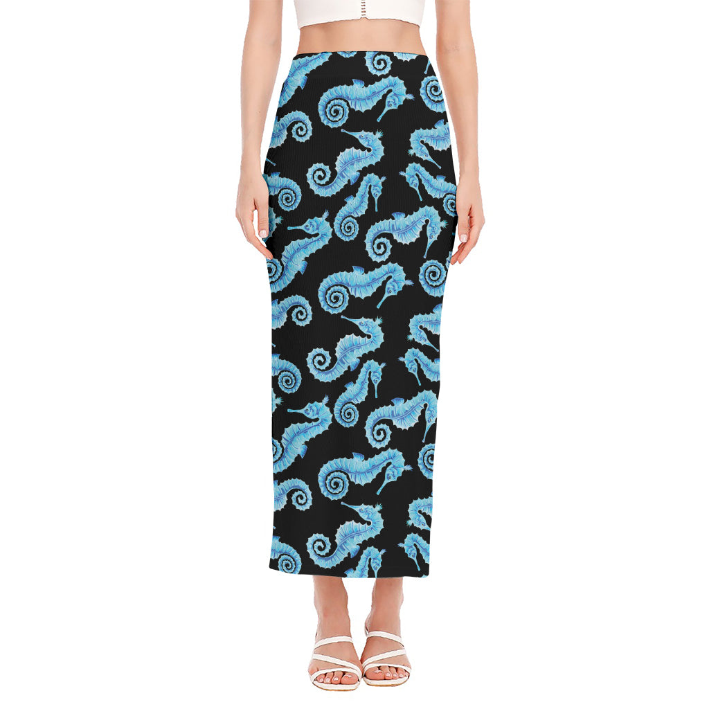 Watercolor Seahorse Pattern Print Side Slit Maxi Skirt