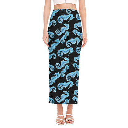 Watercolor Seahorse Pattern Print Side Slit Maxi Skirt