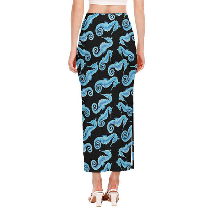 Watercolor Seahorse Pattern Print Side Slit Maxi Skirt