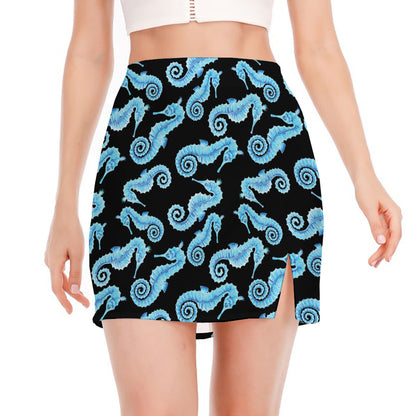 Watercolor Seahorse Pattern Print Side Slit Mini Skirt