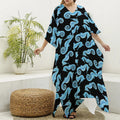 Watercolor Seahorse Pattern Print Silk V-Neck Kaftan Dress