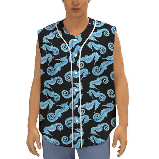 Watercolor Seahorse Pattern Print Sleeveless Baseball Jersey