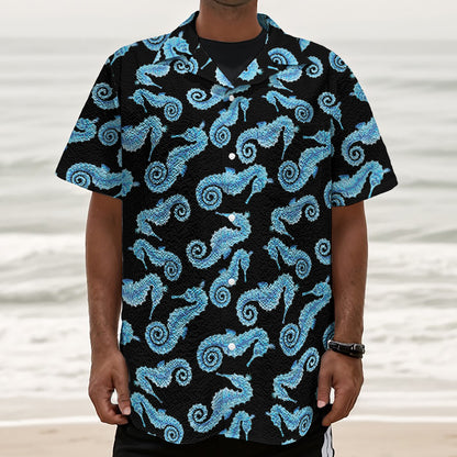 Watercolor Seahorse Pattern Print Textured Short Sleeve Shirt