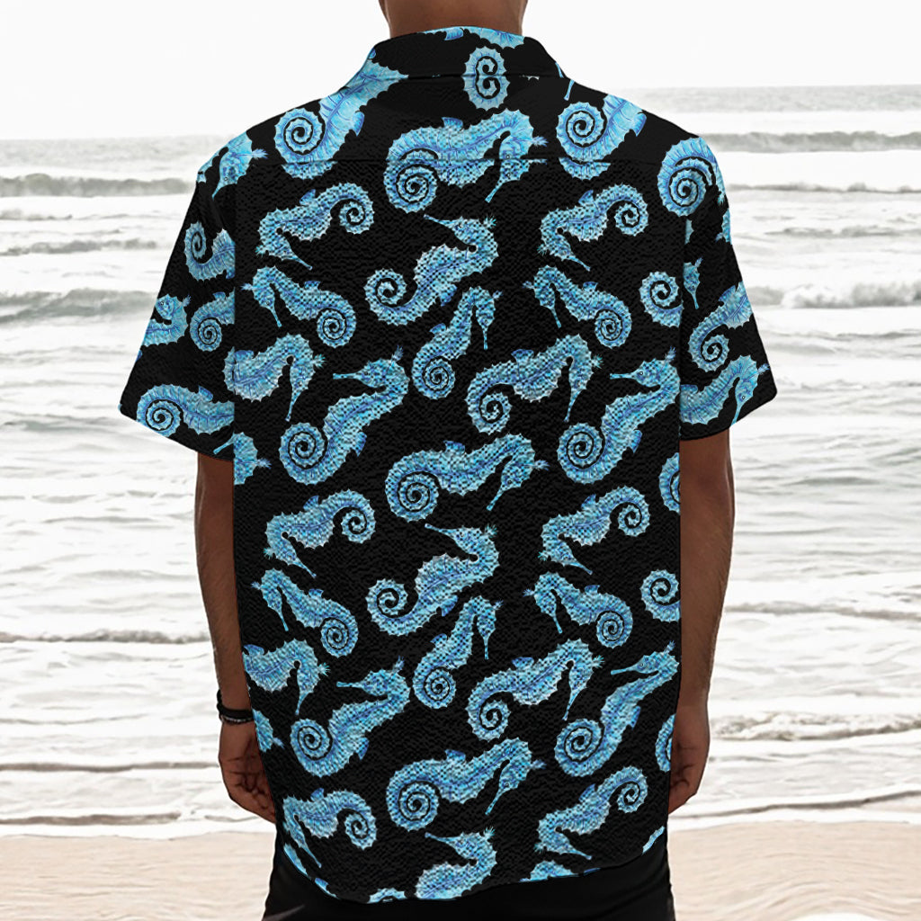 Watercolor Seahorse Pattern Print Textured Short Sleeve Shirt