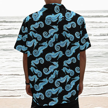 Watercolor Seahorse Pattern Print Textured Short Sleeve Shirt