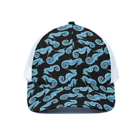 Watercolor Seahorse Pattern Print White Mesh Trucker Cap