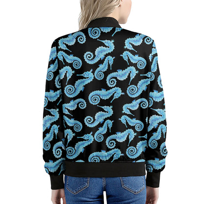 Watercolor Seahorse Pattern Print Women's Bomber Jacket