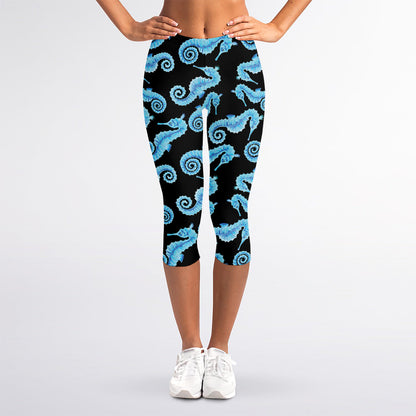 Watercolor Seahorse Pattern Print Women's Capri Leggings