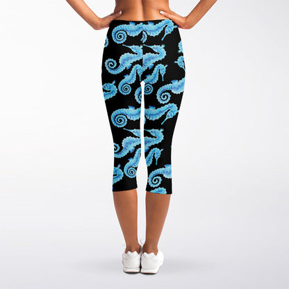 Watercolor Seahorse Pattern Print Women's Capri Leggings