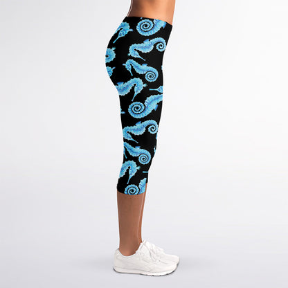 Watercolor Seahorse Pattern Print Women's Capri Leggings