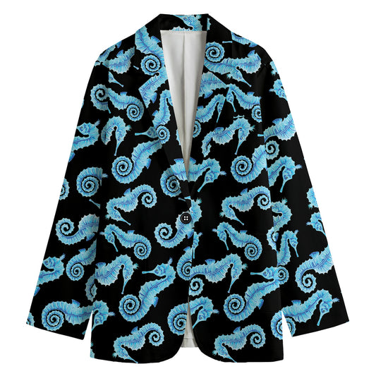Watercolor Seahorse Pattern Print Women's Cotton Blazer