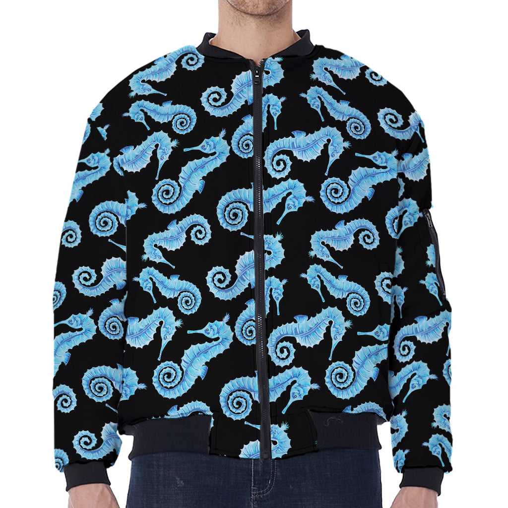 Watercolor Seahorse Pattern Print Zip Sleeve Bomber Jacket