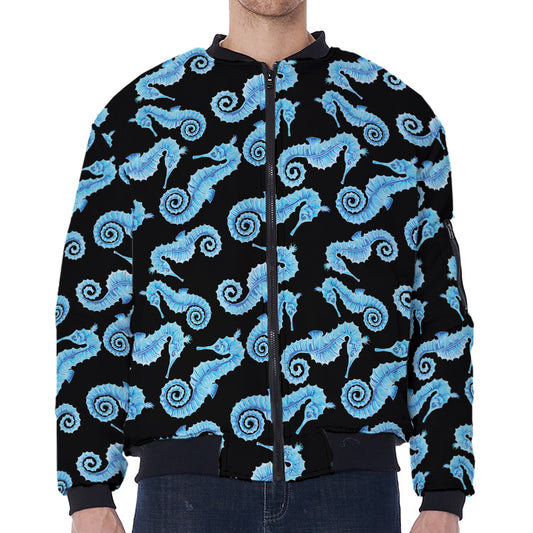 Watercolor Seahorse Pattern Print Zip Sleeve Bomber Jacket