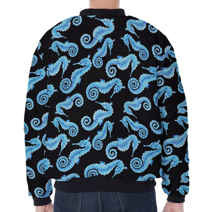 Watercolor Seahorse Pattern Print Zip Sleeve Bomber Jacket