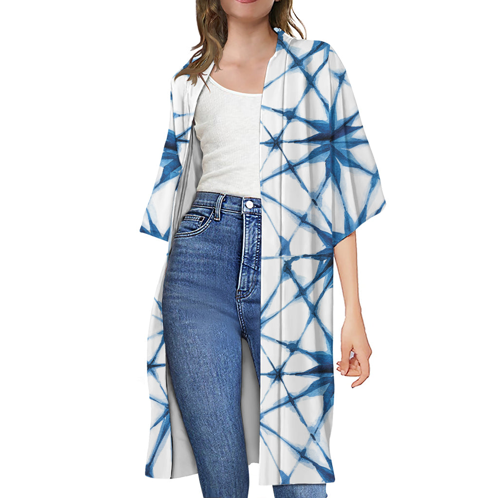 Watercolor Shibori Pattern Print Open Front Beach Cover Up