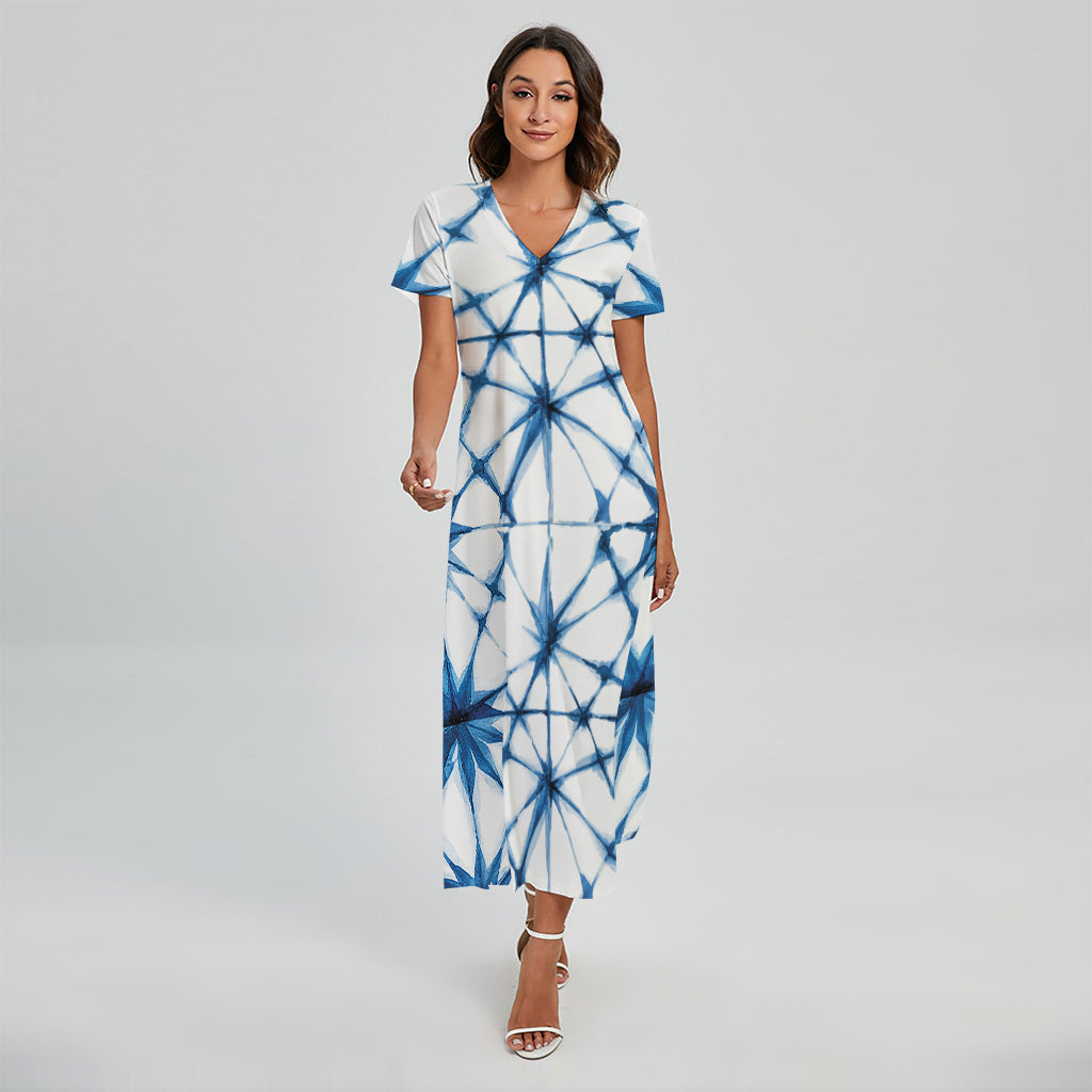 Watercolor Shibori Pattern Print Short Sleeve Maxi Dress