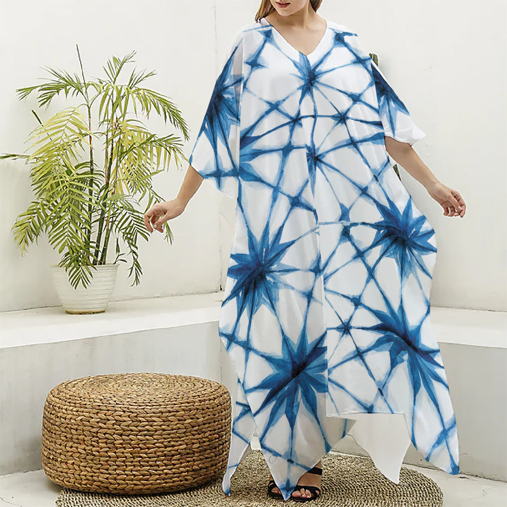 Watercolor Shibori Pattern Print Silk V-Neck Kaftan Dress