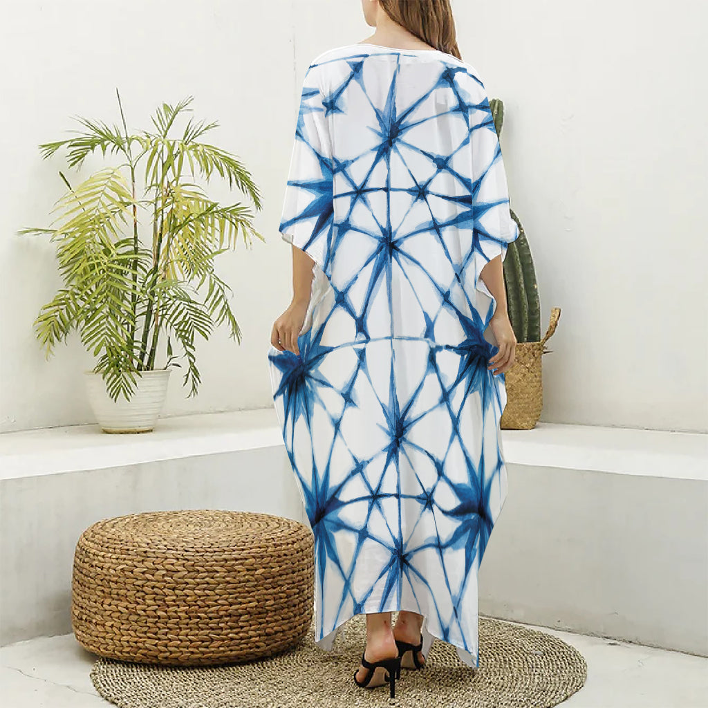 Watercolor Shibori Pattern Print Silk V-Neck Kaftan Dress