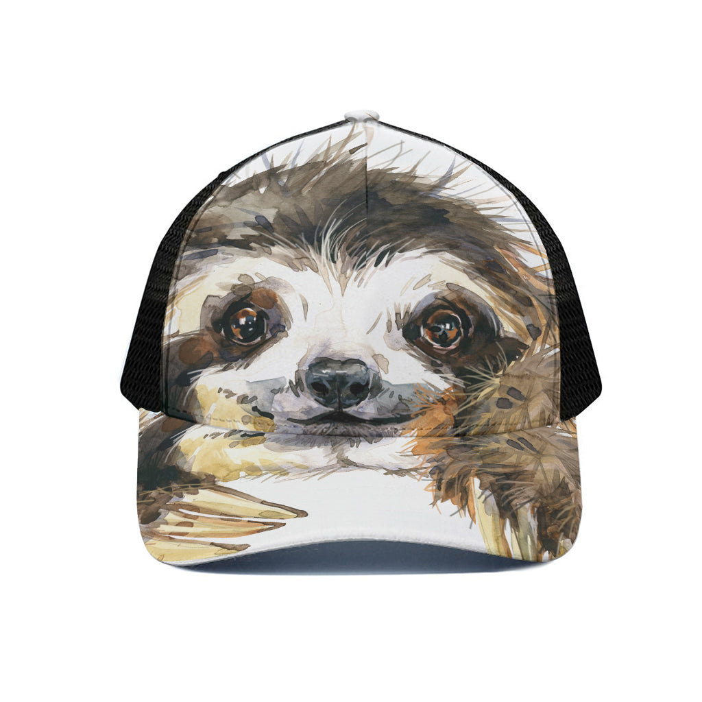 Watercolor Sloth Print Black Mesh Trucker Cap