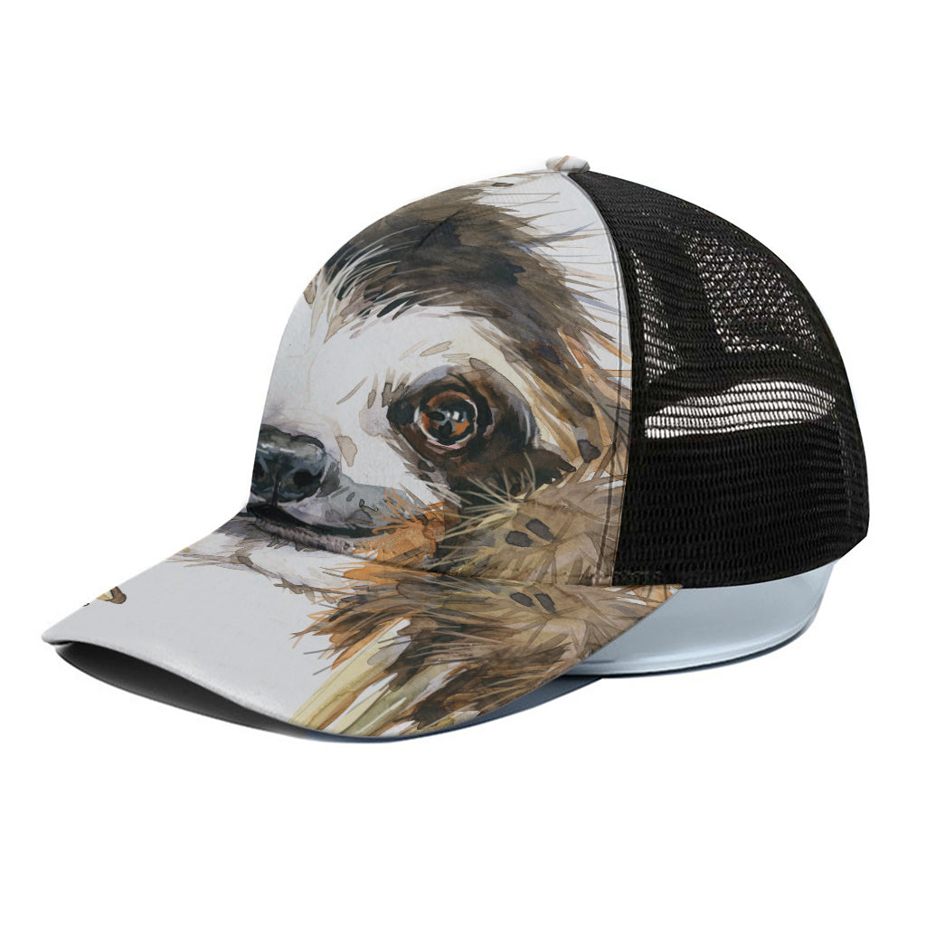 Watercolor Sloth Print Black Mesh Trucker Cap