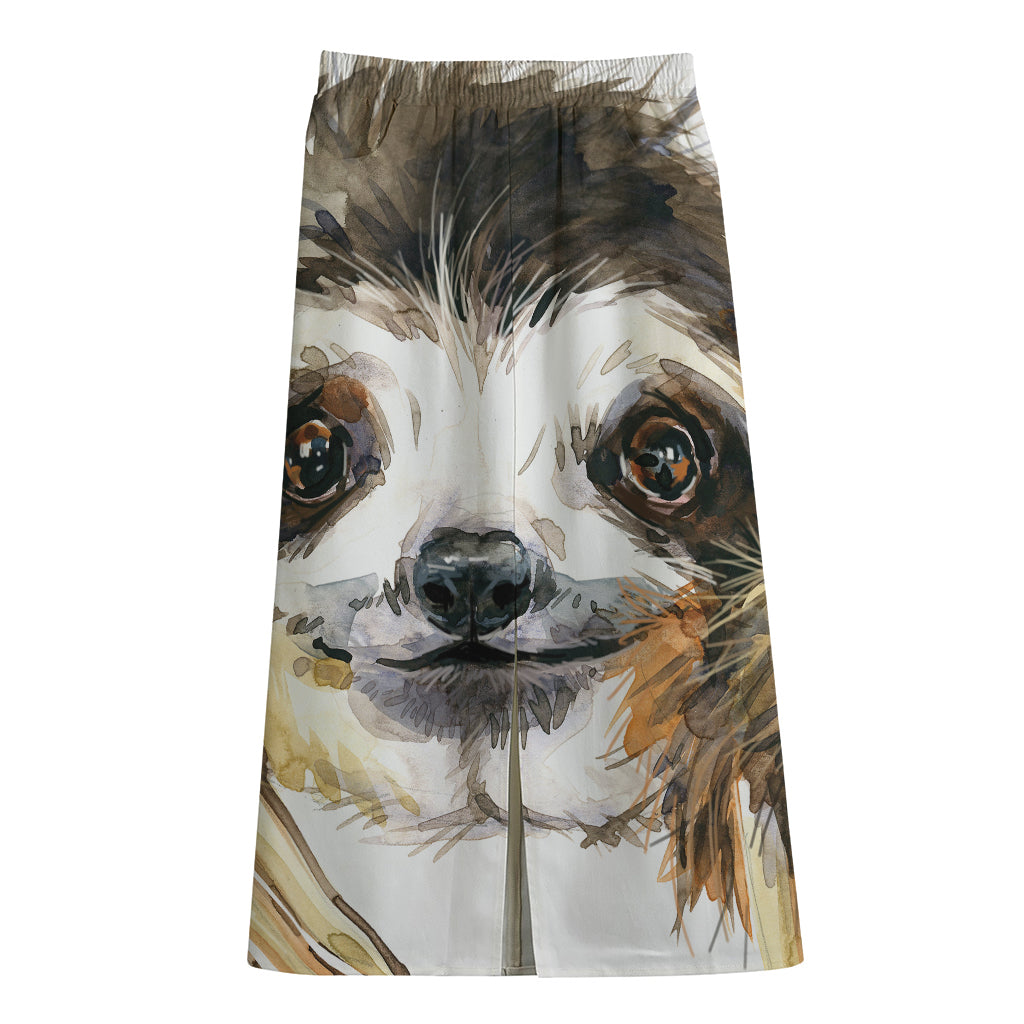 Watercolor Sloth Print Cotton Front Slit Maxi Skirt