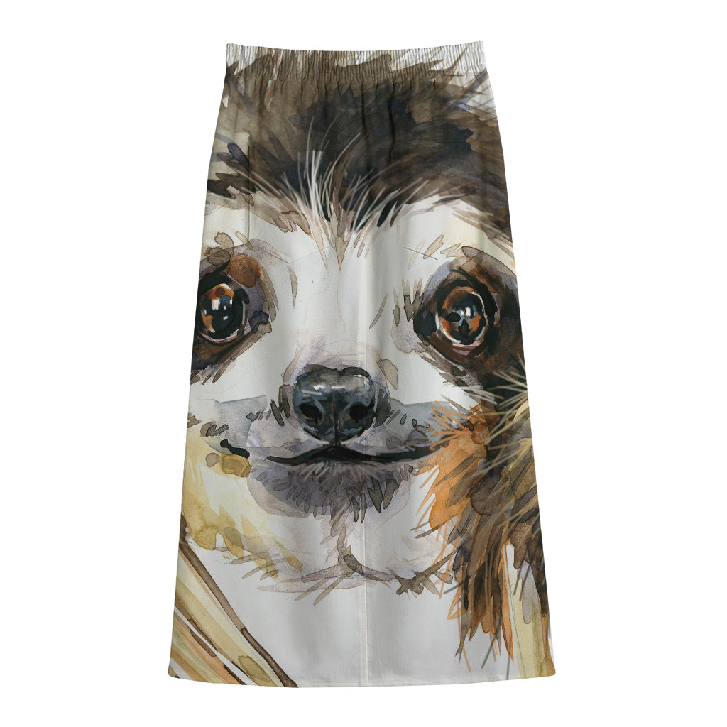 Watercolor Sloth Print Cotton Front Slit Maxi Skirt