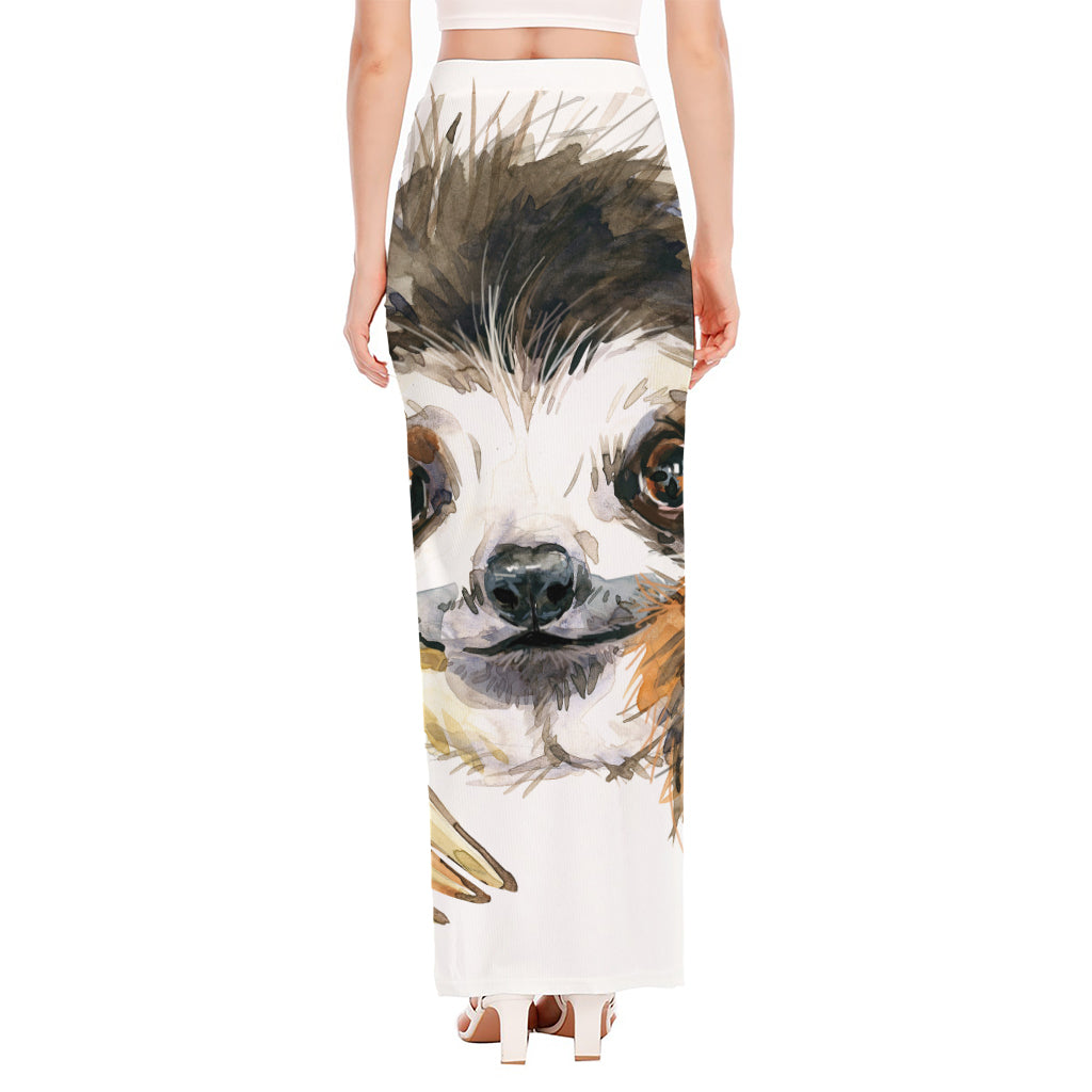 Watercolor Sloth Print High Slit Maxi Skirt