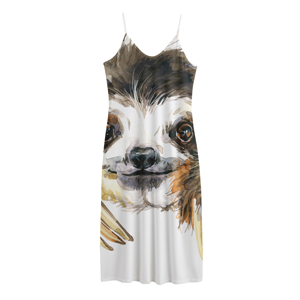 Watercolor Sloth Print Jersey Midi Cami Dress