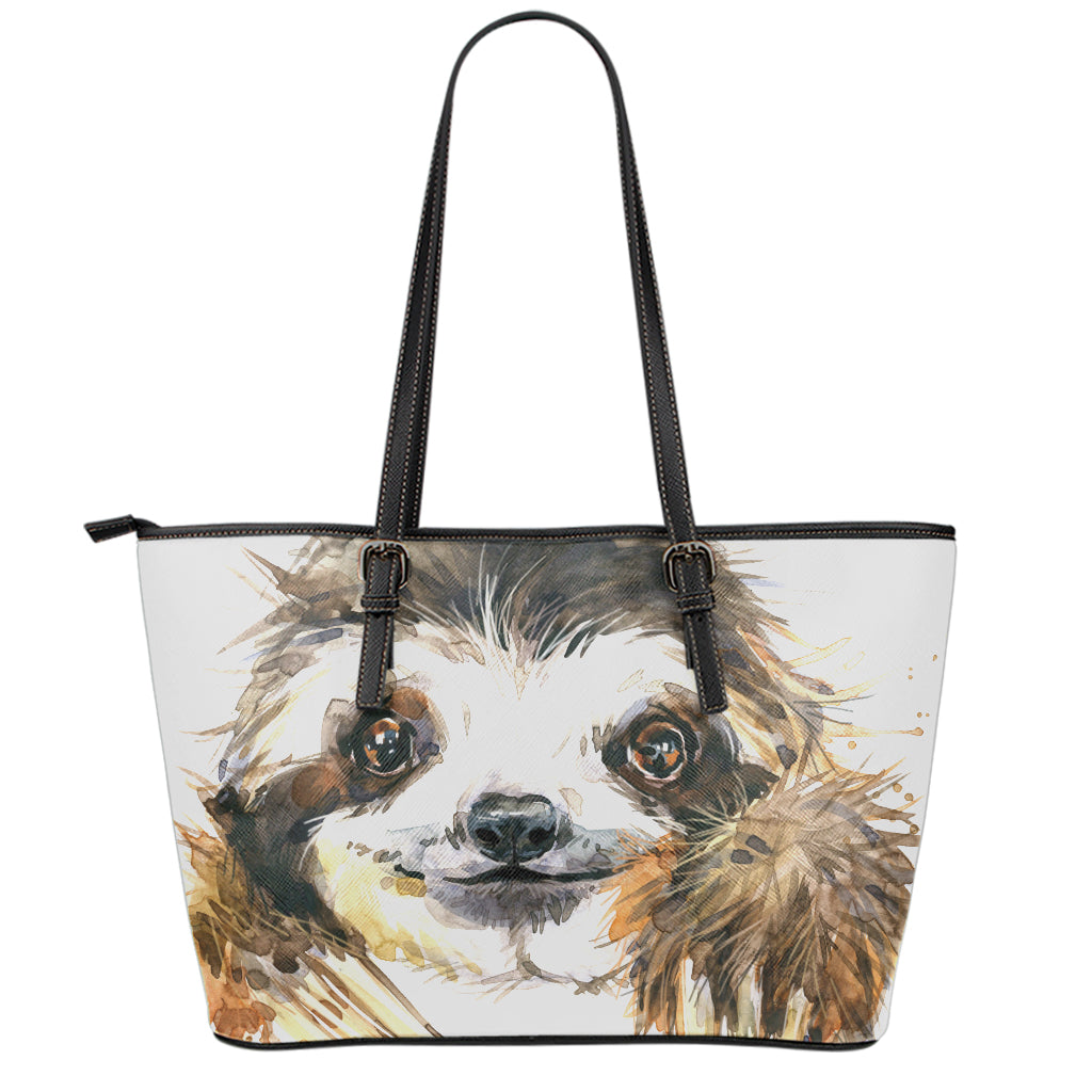 Watercolor Sloth Print Leather Tote Bag