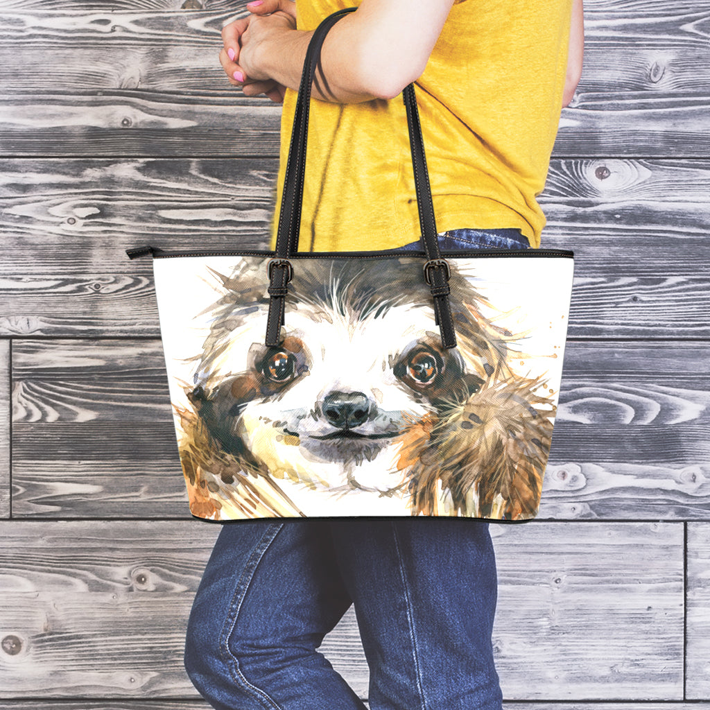 Watercolor Sloth Print Leather Tote Bag