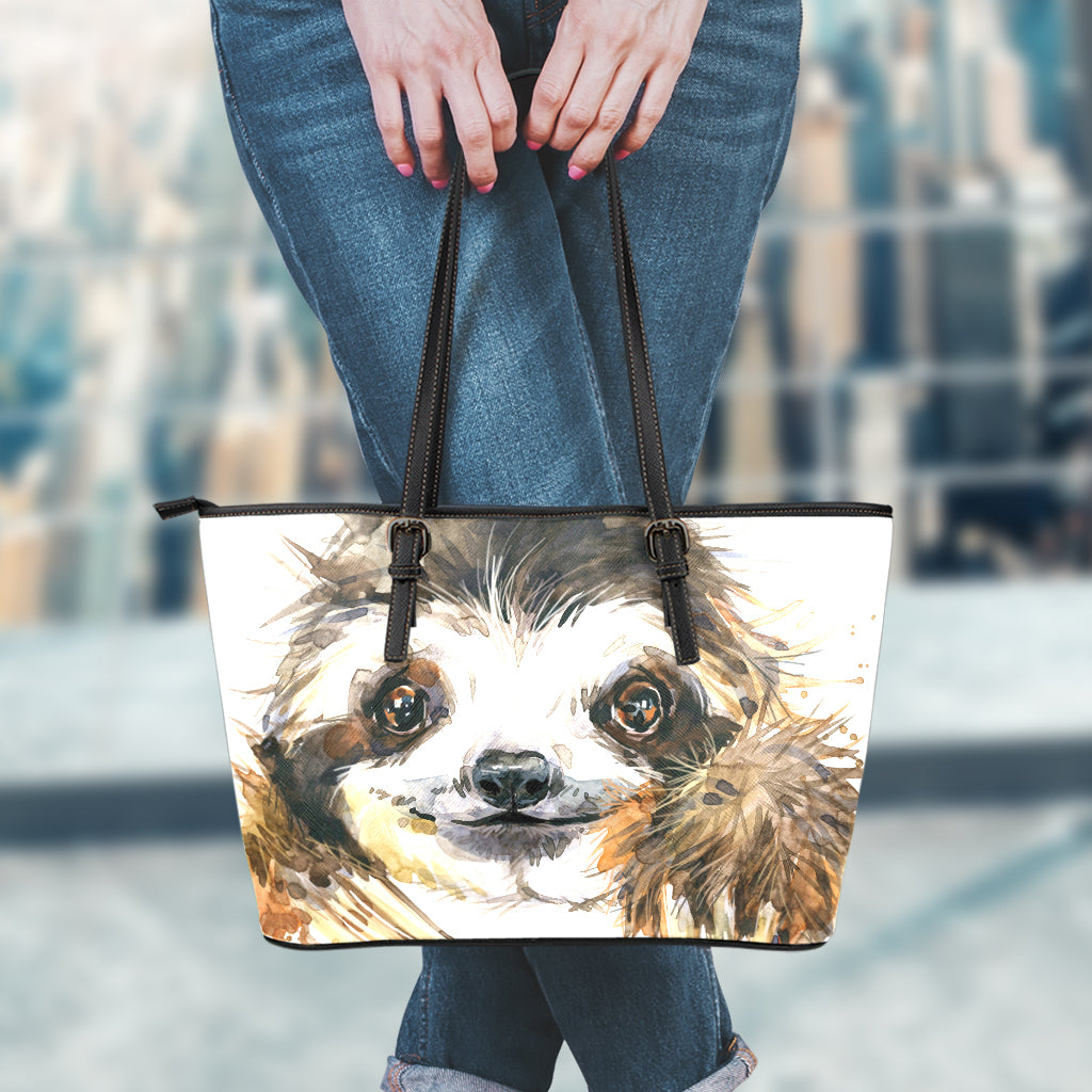 Watercolor Sloth Print Leather Tote Bag