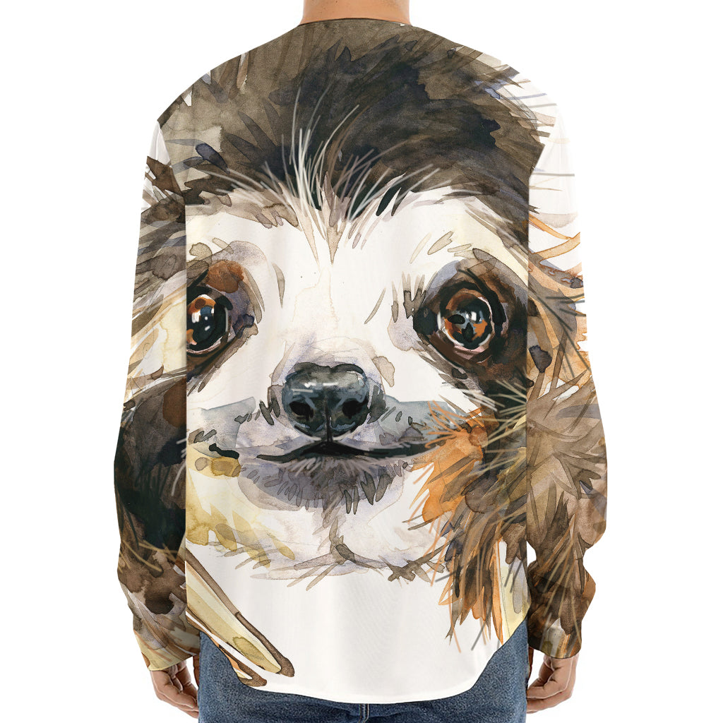 Watercolor Sloth Print Long Sleeve Baseball Jersey