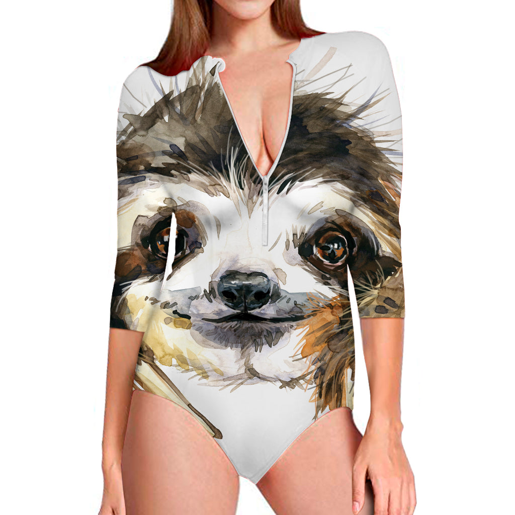 Watercolor Sloth Print Long Sleeve Swimsuit