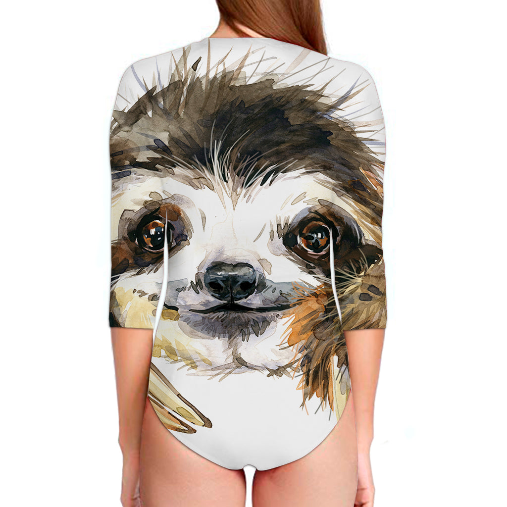 Watercolor Sloth Print Long Sleeve Swimsuit