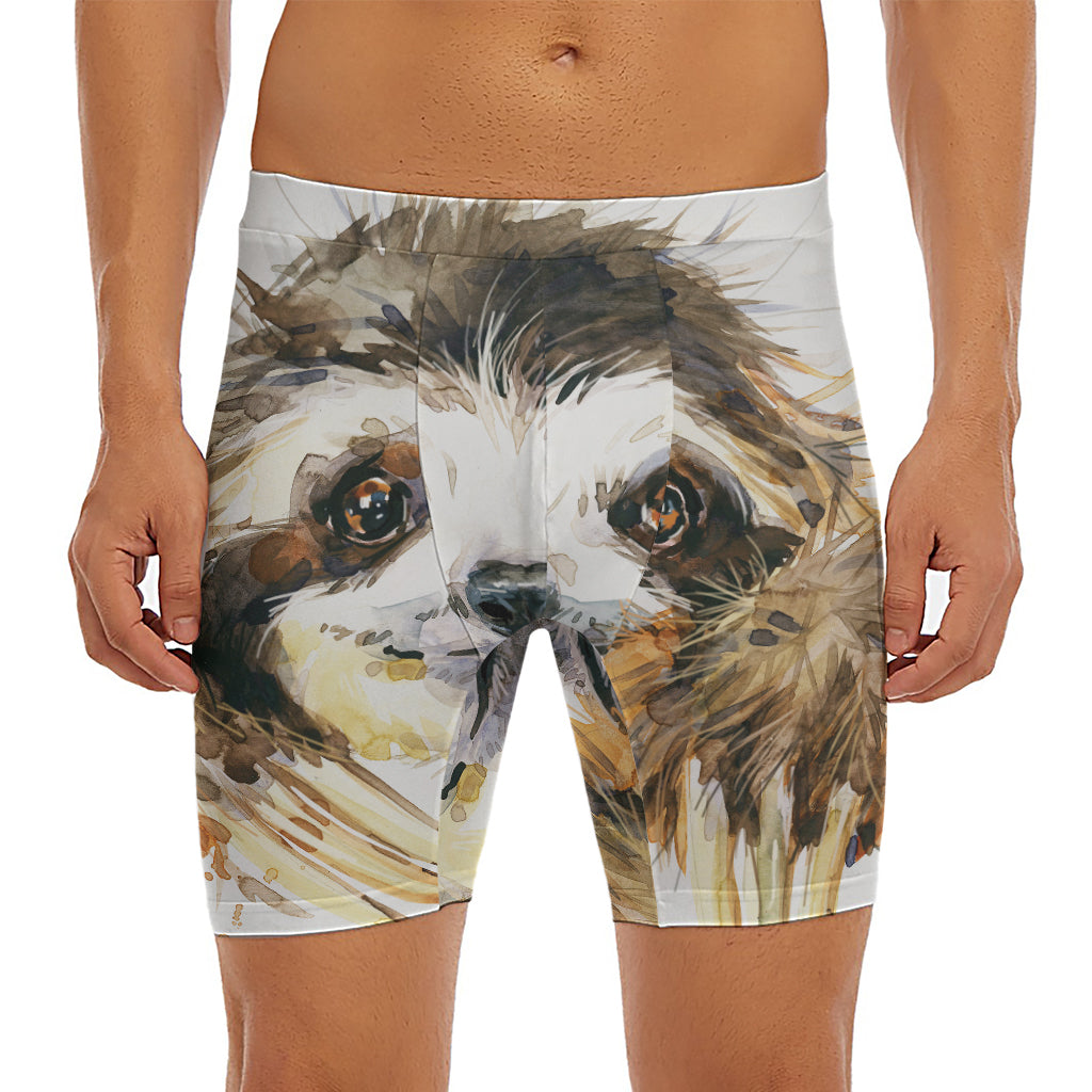 Watercolor Sloth Print Men's Long Boxer Briefs