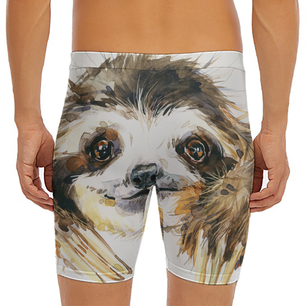 Watercolor Sloth Print Men's Long Boxer Briefs