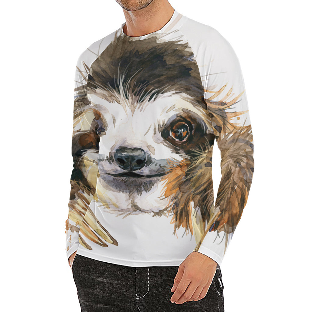 Watercolor Sloth Print Men's Long Sleeve Rash Guard