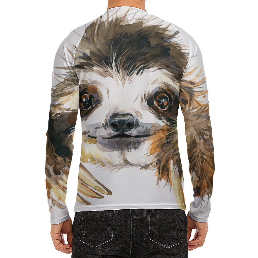 Watercolor Sloth Print Men's Long Sleeve Rash Guard